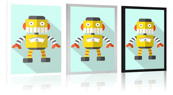 Plakát žlutý robot na modrém pozadí