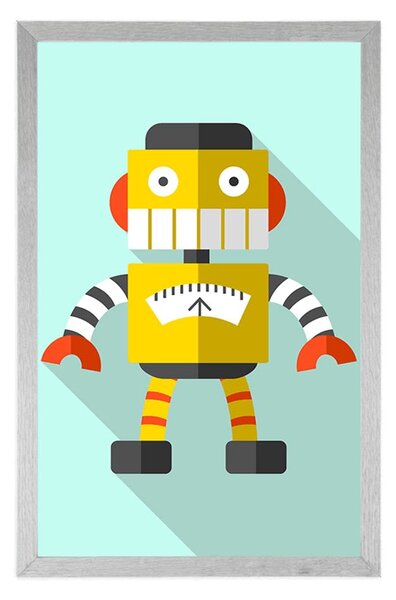Plakát žlutý robot na modrém pozadí