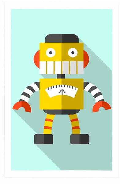 Plakát žlutý robot na modrém pozadí