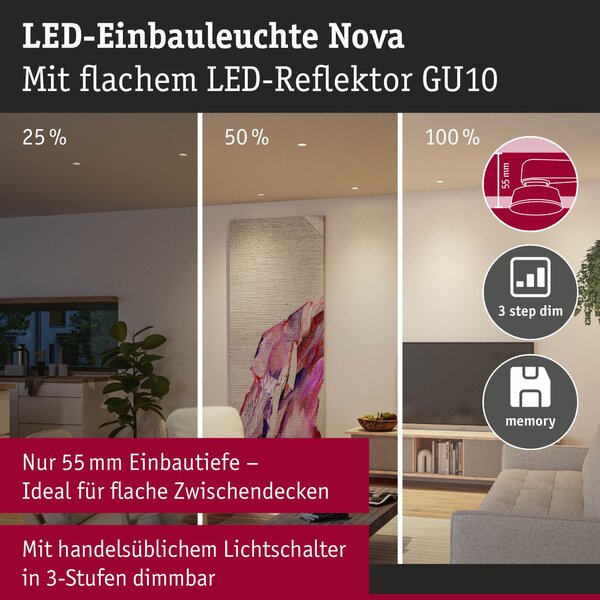 P 92325 LED vestavné svítidlo 3-krokové-stmívatelné Nova GU10 Flat výklopné 4,9W 230V stmívatelné 2700K kov kartáčovaný - PAULMANN