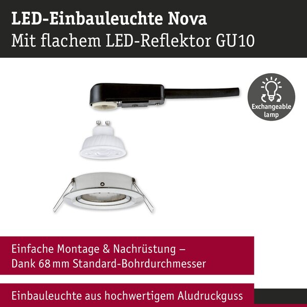 P 92325 LED vestavné svítidlo 3-krokové-stmívatelné Nova GU10 Flat výklopné 4,9W 230V stmívatelné 2700K kov kartáčovaný - PAULMANN