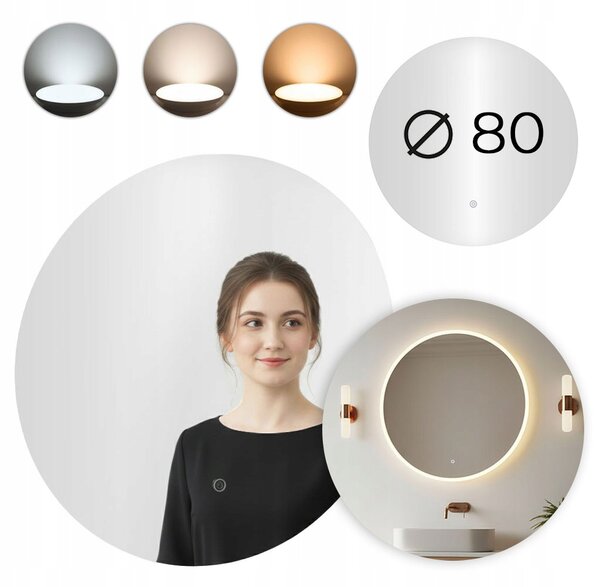 Zrcadlo do koupelny LED kulaté nástěnné 80 cm 3 barvy dotykové ModernHome