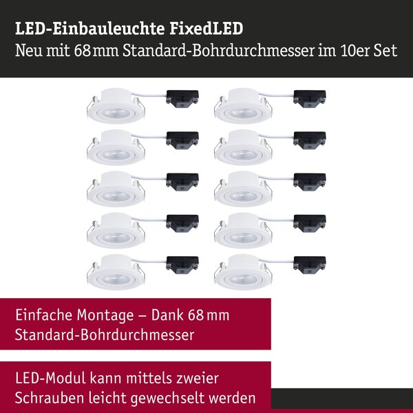 P 93165 LED vestavné svítidlo FixedLED 10ks sada výklopné 25° 10x4,8W 230V 3000K bílá - PAULMANN