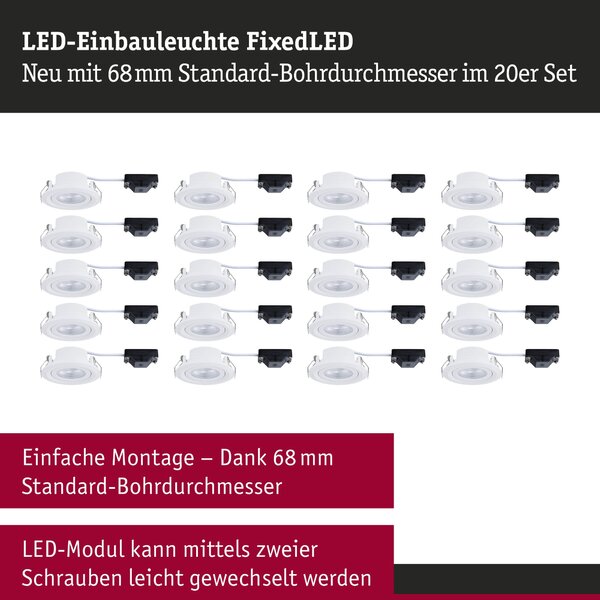 P 93166 LED vestavné svítidlo FixedLED 20ks sada výklopné 25° 20x4,8W 230V 3000K bílá - PAULMANN