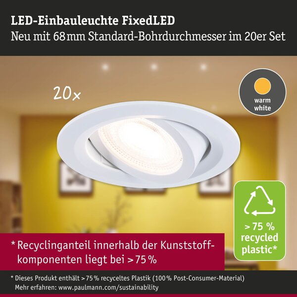 P 93166 LED vestavné svítidlo FixedLED 20ks sada výklopné 25° 20x4,8W 230V 3000K bílá - PAULMANN