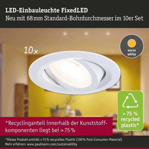 P 93164 LED vestavné svítidlo FixedLED 10ks sada výklopné 25° 10x4,8W 230V 3000K bílá - PAULMANN