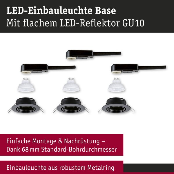 P 94951 LED vestavné svítidlo Base GU10 Flat výklopné 3x4W 230V 2700K černá mat - PAULMANN