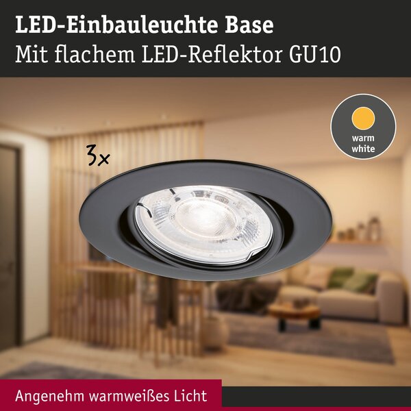 P 94951 LED vestavné svítidlo Base GU10 Flat výklopné 3x4W 230V 2700K černá mat - PAULMANN