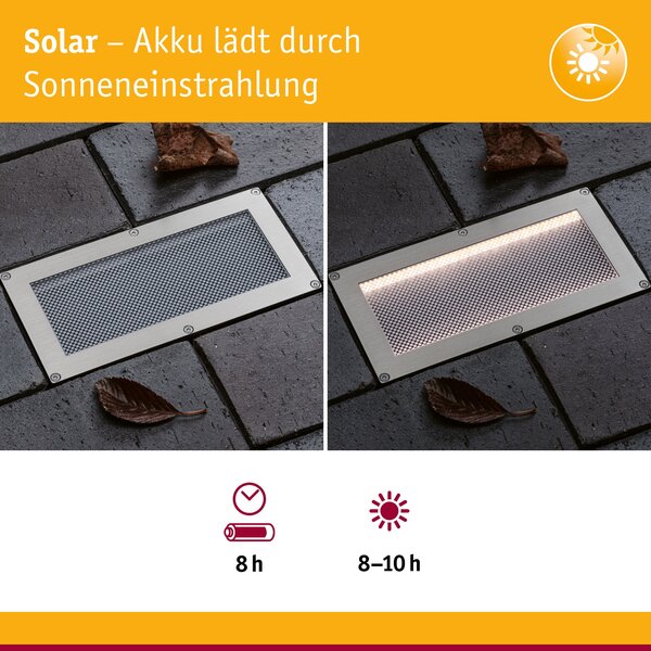 P 95744 Solární LED zemní svítidlo Sorea soumrakový senzor IP67 hranaté 200x100mm 3000K 0,3W 3,7V kov kartáčovaný ABS/polykarbonát/ocel - PAULMANN