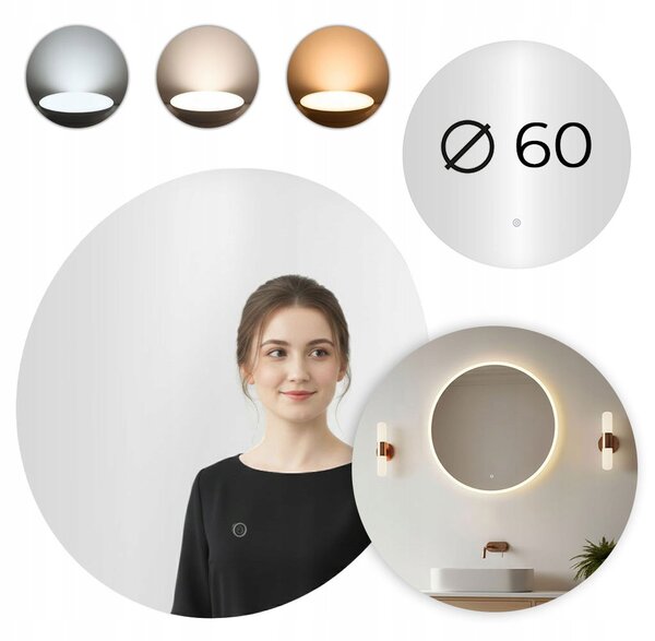 ZRCADLO KOUPELNOVÉ LED KULATÉ ZÁVĚSNÉ 60 CM 3 BARVY DOTYKOVÝ SPÍNAČ