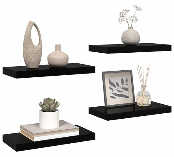 Plovoucí nástěnné police 4 ks lesklé černé 50 x 23,5 x 3,8 cm MDF 323768