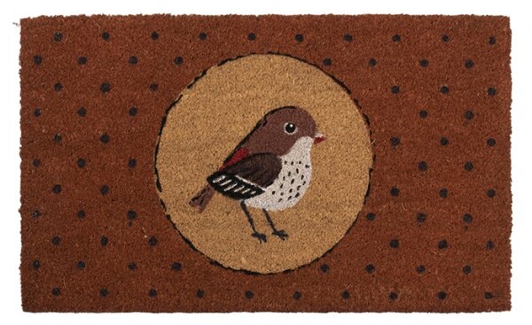 Hnědá kokosová rohožka s ptáčkem a puntíky Sparrow – 75x45 cm