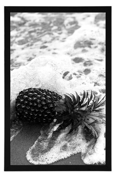 Plakát ananas ve vlně oceánu v černobílém provedení