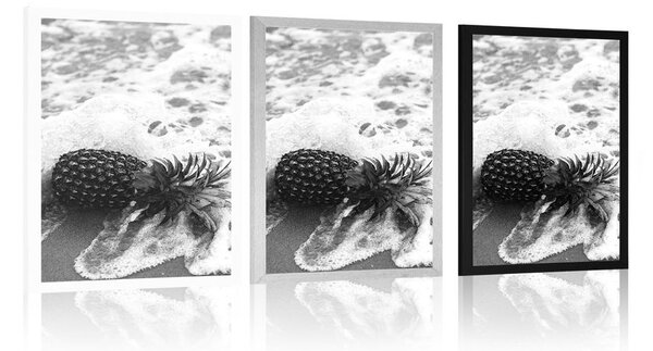 Plakát ananas ve vlně oceánu v černobílém provedení