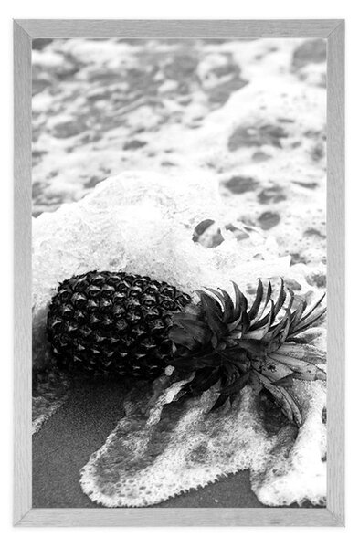 Plakát ananas ve vlně oceánu v černobílém provedení