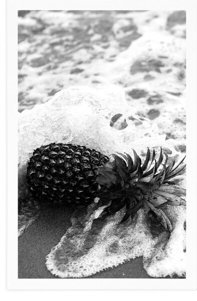 Plakát ananas ve vlně oceánu v černobílém provedení