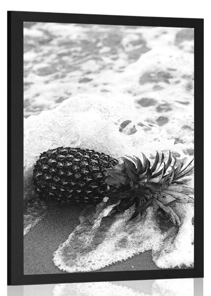Plakát ananas ve vlně oceánu v černobílém provedení