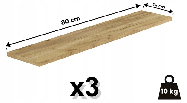 Police z laminované desky HWS FURNITURE 80x14 cm dub craft zlatý 3 ks