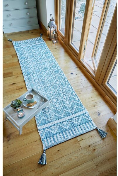 Béžovo-modrý bavlněný běhoun Flair Rugs Leela, 60 x 200 cm