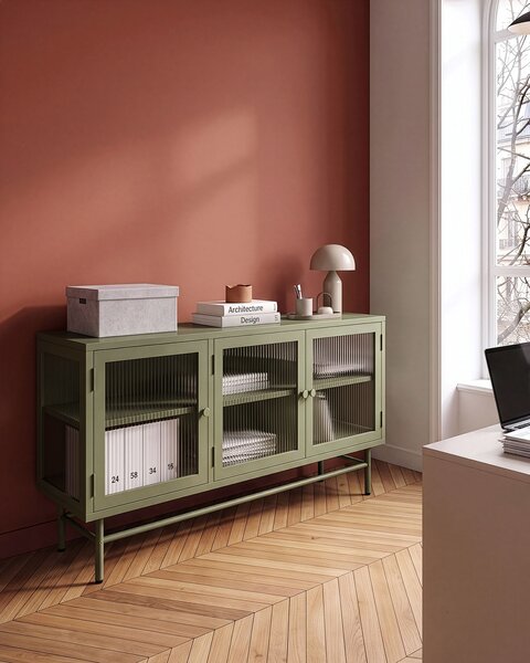 Prosklená komoda DEVON 115 cm Kov Zelená
