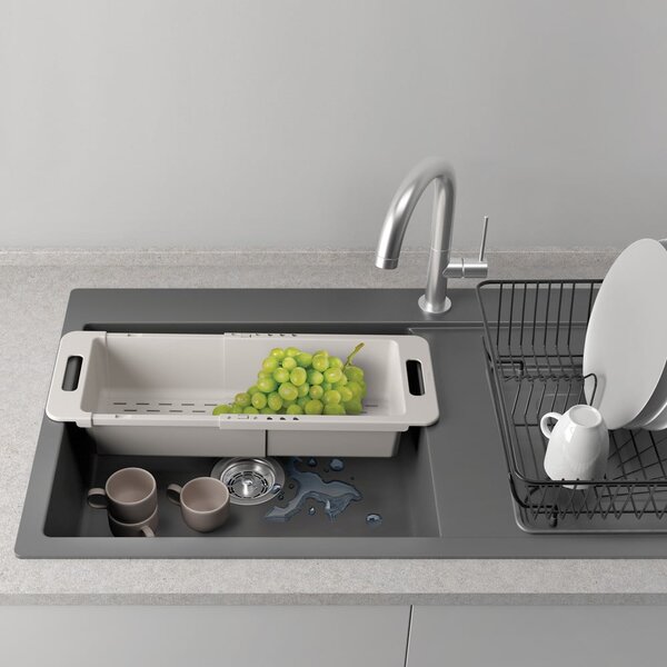 Šedý nastavitelný plastový teleskopický odkapávač do dřezu 52x18 cm – Metaltex