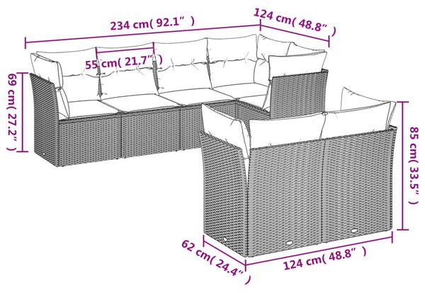 7dílná zahradní sedací souprava s poduškami šedá polyratan 3249739