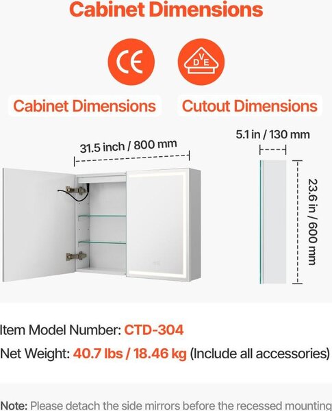 Skříňka na léky s osvětlením a HD zrcadlem ve 3 barvách - nástěnná skříňka na léky 60x80 cm