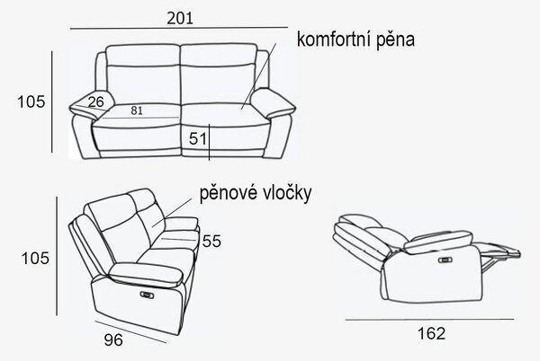 Kožená pohovka CONTINENTAL s elektrickou funkcí relax 3P, elektrické, červená (rosso 304)