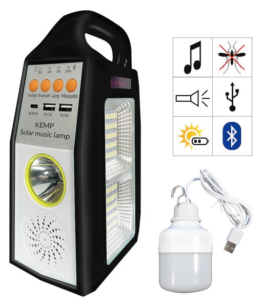 Multifunkční solární LED lampa s reproduktorem a powerbankou Kemp