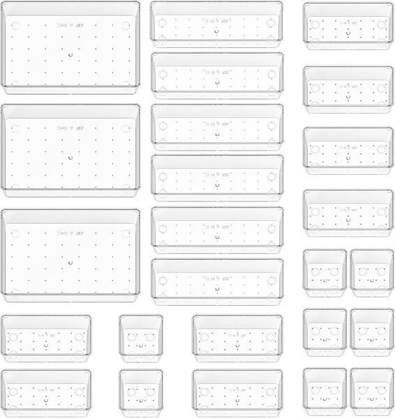 Organizéry do zásuvek – Sada 25 kusů – Organizér na kosmetiku se 4 různými velikostmi – Organizér do zásuvek – Systém úložných řešení do zásuvek pro kancelář