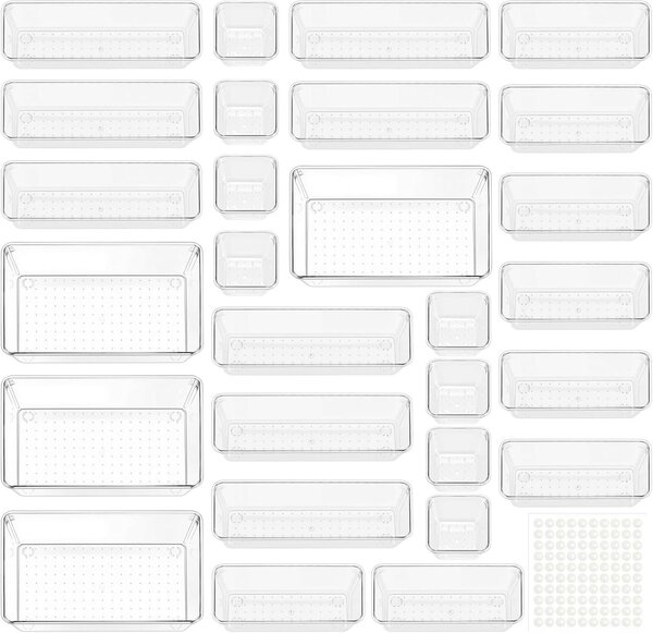 Sada 28 kusů úložných boxů – průhledné boxy na uskladnění do kuchyně, koupelny nebo na toaletní stolek