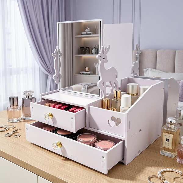 Organizér na make-up – Kosmetický stolek – Organizér se zrcadlem a zásuvkou – Čtvercové zrcadlo s otočnou funkcí 360° – Bílá barva – Úložný prostor na šperky