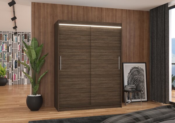 Šatní skříň 150 cm s posuvnými dveřmi a LED osvětlením GADRINA - tmavě hnědá