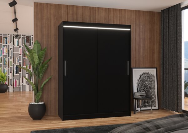 Šatní skříň 150 cm s posuvnými dveřmi a LED osvětlením GADRINA - černá