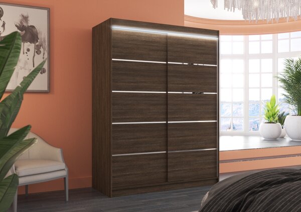 Šatní skříň s LED osvětlením 150 cm FAKRIA - tmavě hnědá