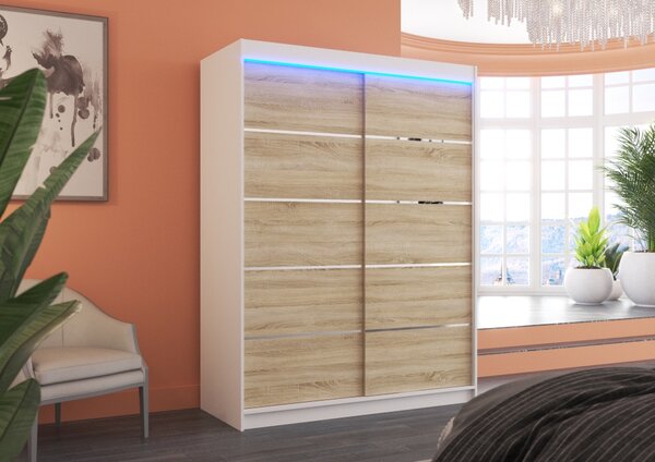 Šatní skříň s LED osvětlením 150 cm FAKRIA - bílá / dub sonoma