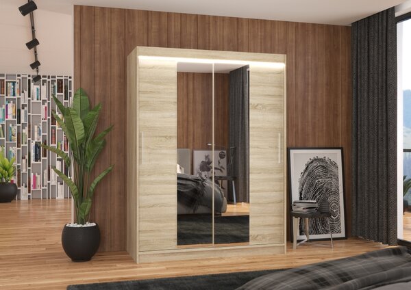 Skříň 150 cm se zrcadlem a LED osvětlením GAFRA - dub sonoma