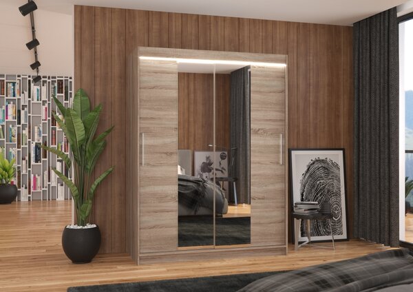 Skříň 150 cm se zrcadlem a LED osvětlením GAFRA - dub lanýž