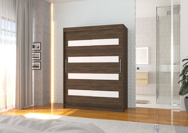 Šatní skříň s posuvnými dveřmi 150 cm DAKTIS - tmavě hnědá / bílá