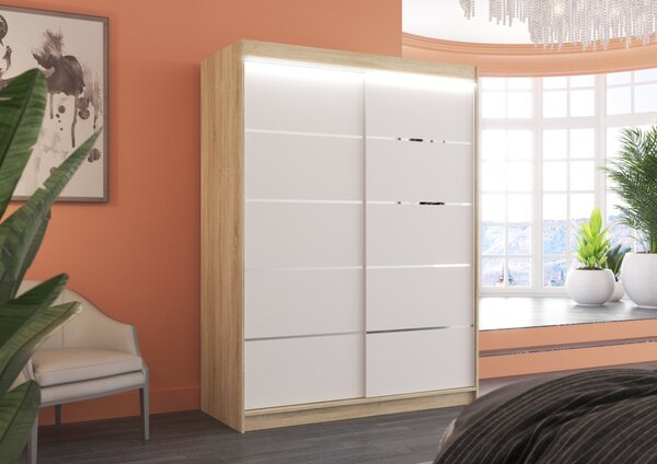 Šatní skříň s LED osvětlením 150 cm FAKRIA - dub sonoma / bílá
