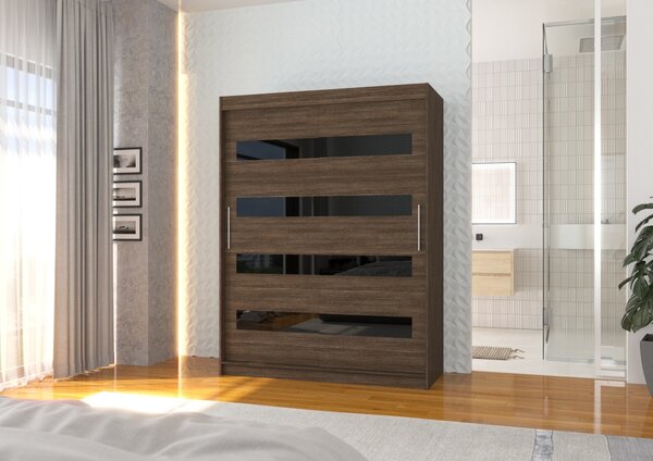 Šatní skříň s posuvnými dveřmi 150 cm DAKTIS - tmavě hnědá / černá