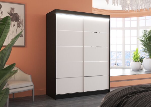 Šatní skříň s LED osvětlením 150 cm FAKRIA - černá / bílá