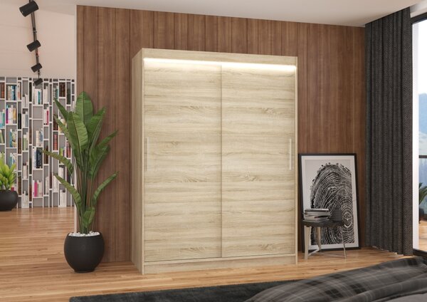 Šatní skříň 150 cm s posuvnými dveřmi a LED osvětlením GADRINA - dub sonoma