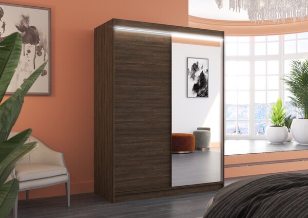 Zrcadlová šatní skříň 150 cm s LED osvětlením SADLA - tmavě hnědá