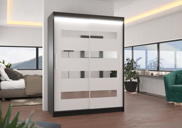 Šatní skříň se zrcadlem a LED osvětlením 150 cm RADLA - černá / bílá
