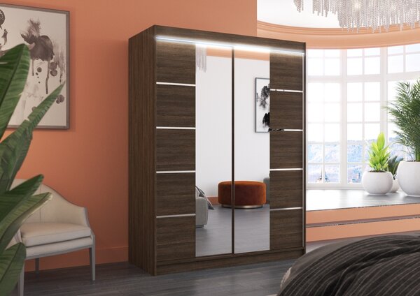 Zrcadlová šatní skříň 150 cm s LED osvětlením GADLA - tmavě hnědá