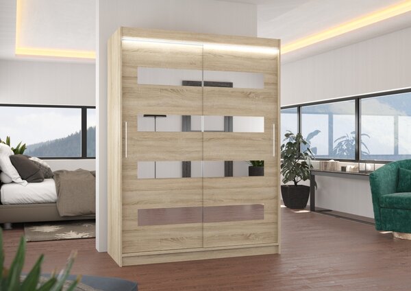 Šatní skříň se zrcadlem a LED osvětlením 150 cm RADLA - dub sonoma