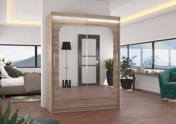 Šatní skříň se zrcadlem 150 cm a LED osvětlením QUELA - dub lanýž