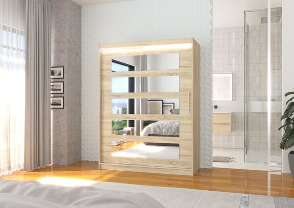Šatní skříň se zrcadlem a LED osvětlením 150 cm HAVARA - dub sonoma