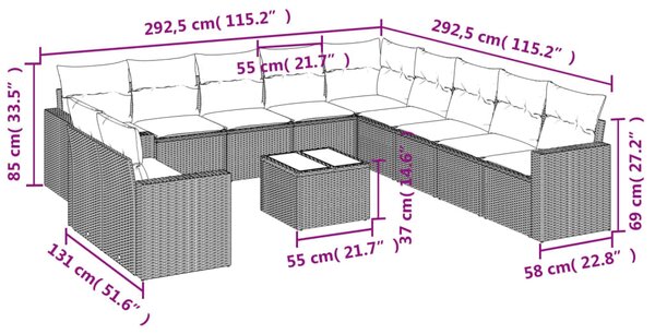 12dílná zahradní sedací souprava s poduškami černá polyratan 3251532
